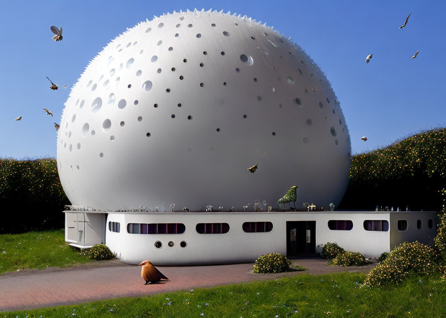 Circular Windows White Building Surrounded by Greenery and Butterflies