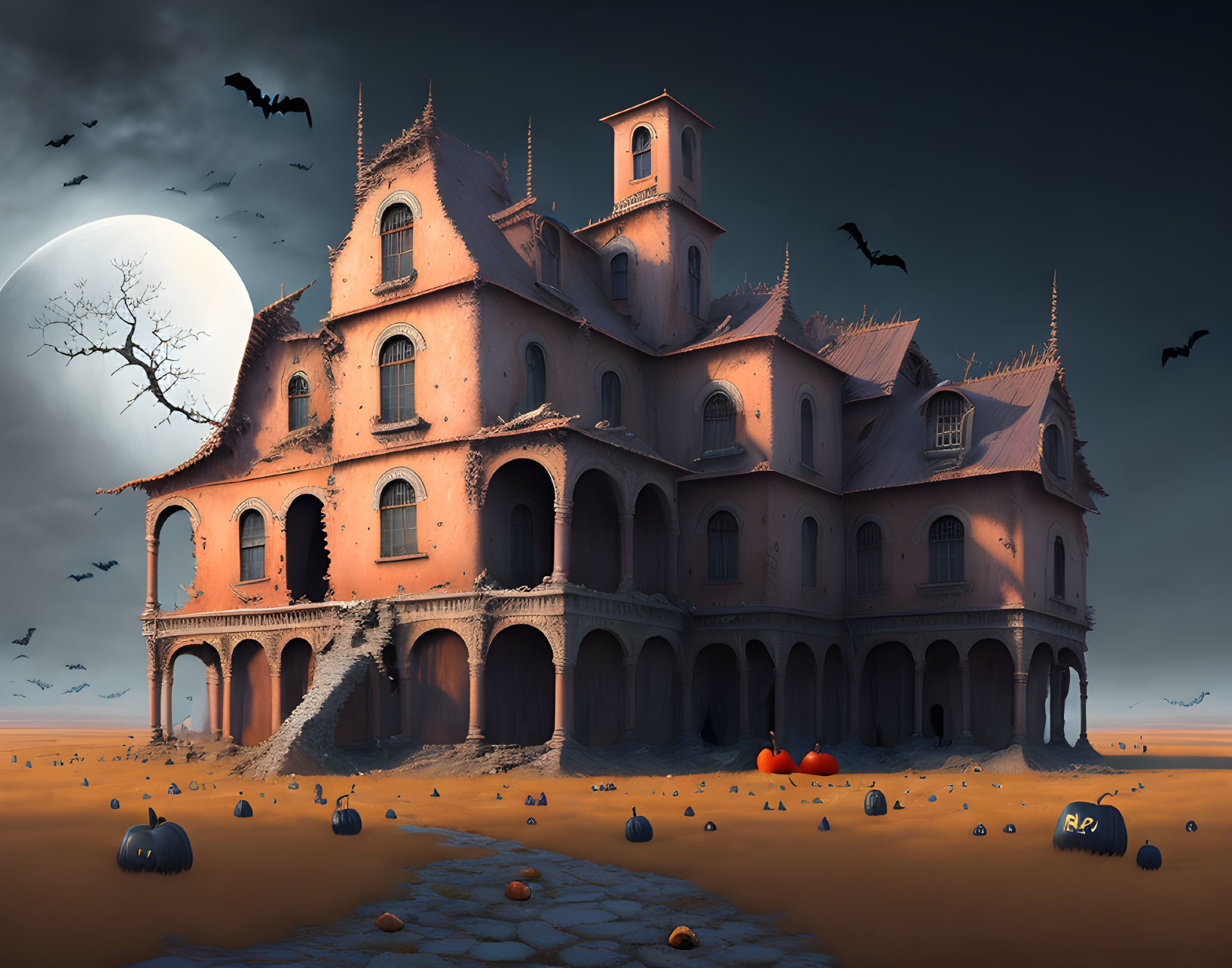 Gothic mansion at twilight with bats, full moon, and pumpkins