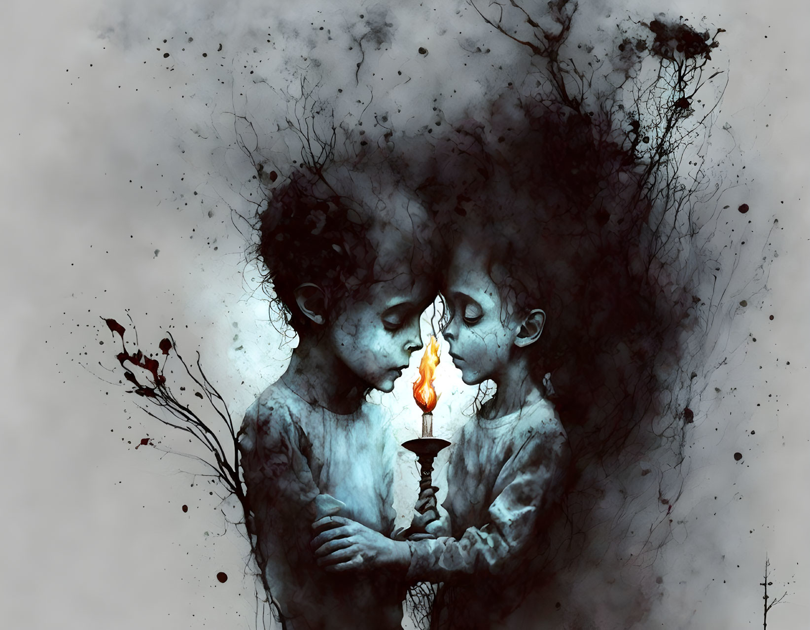 Illustrated children in dark, splattered background with lit candle