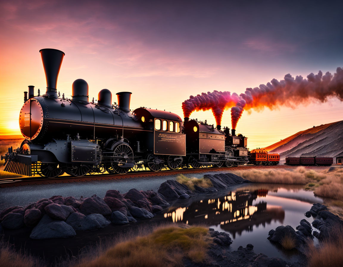 Sunset scene: Vintage steam train on tracks with vibrant sky and water reflection