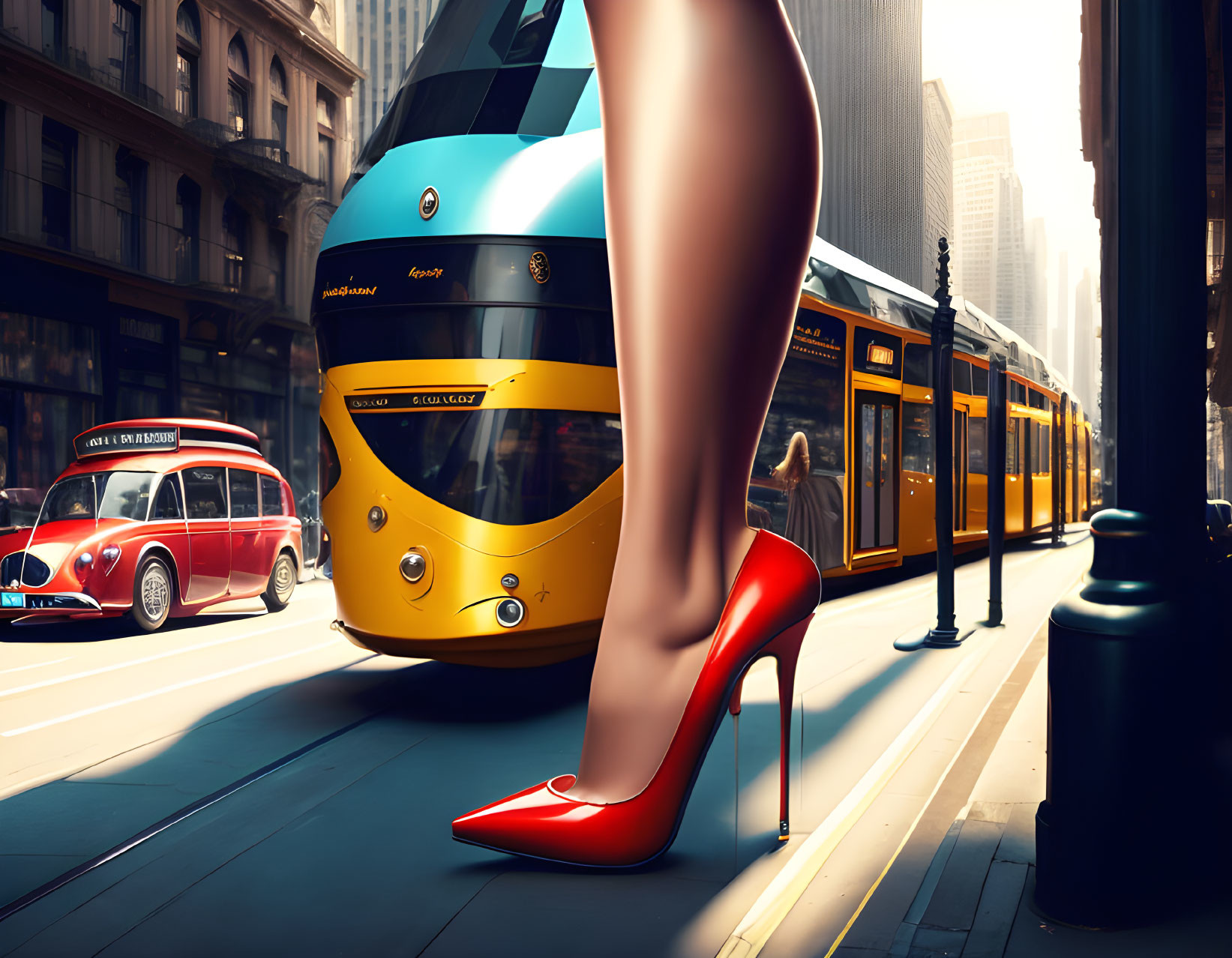 Urban cityscape featuring giant red high heel shoe, yellow tram, red bus, buildings, and clear