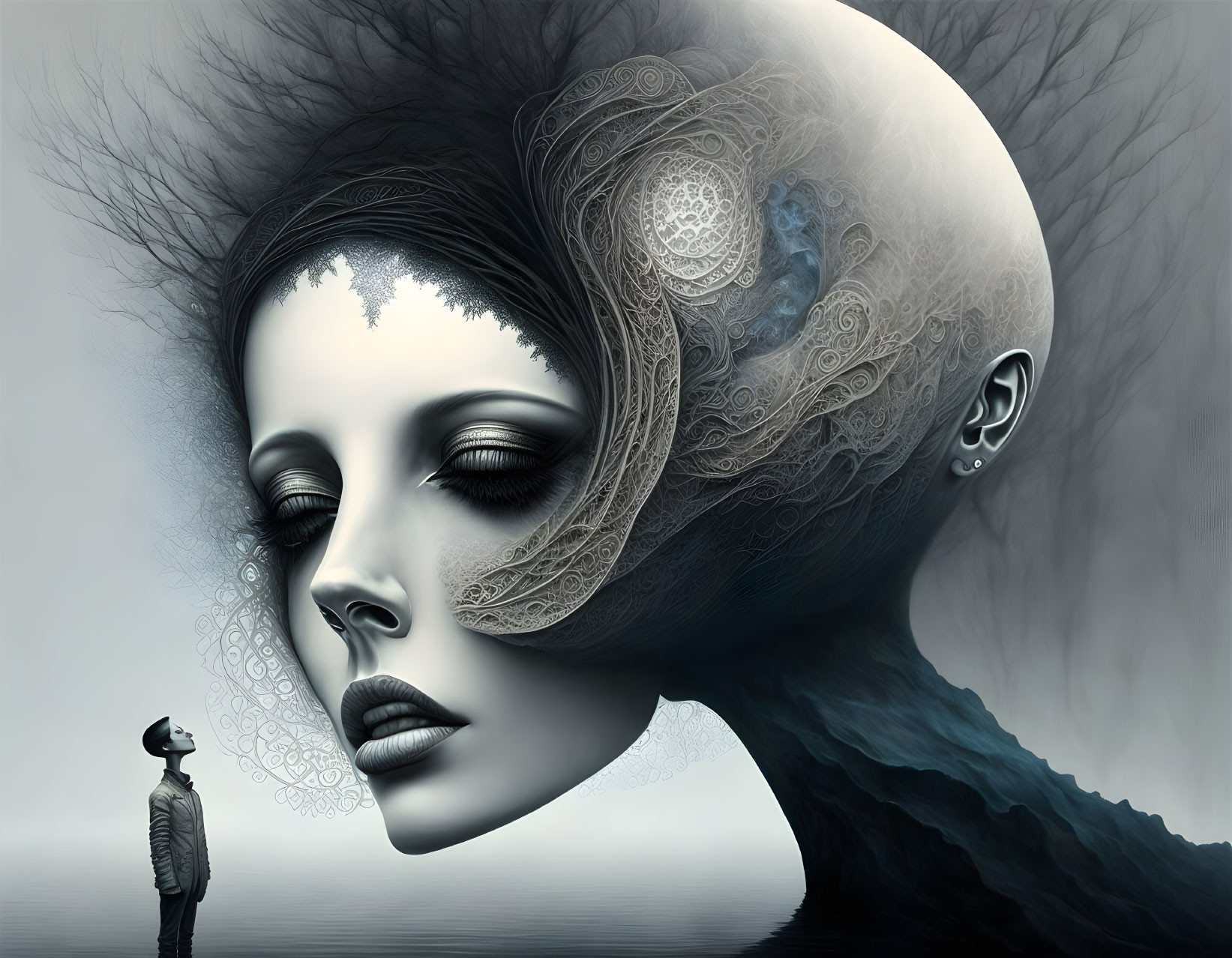 Surreal artwork: man gazes at giant woman's head with lace patterns