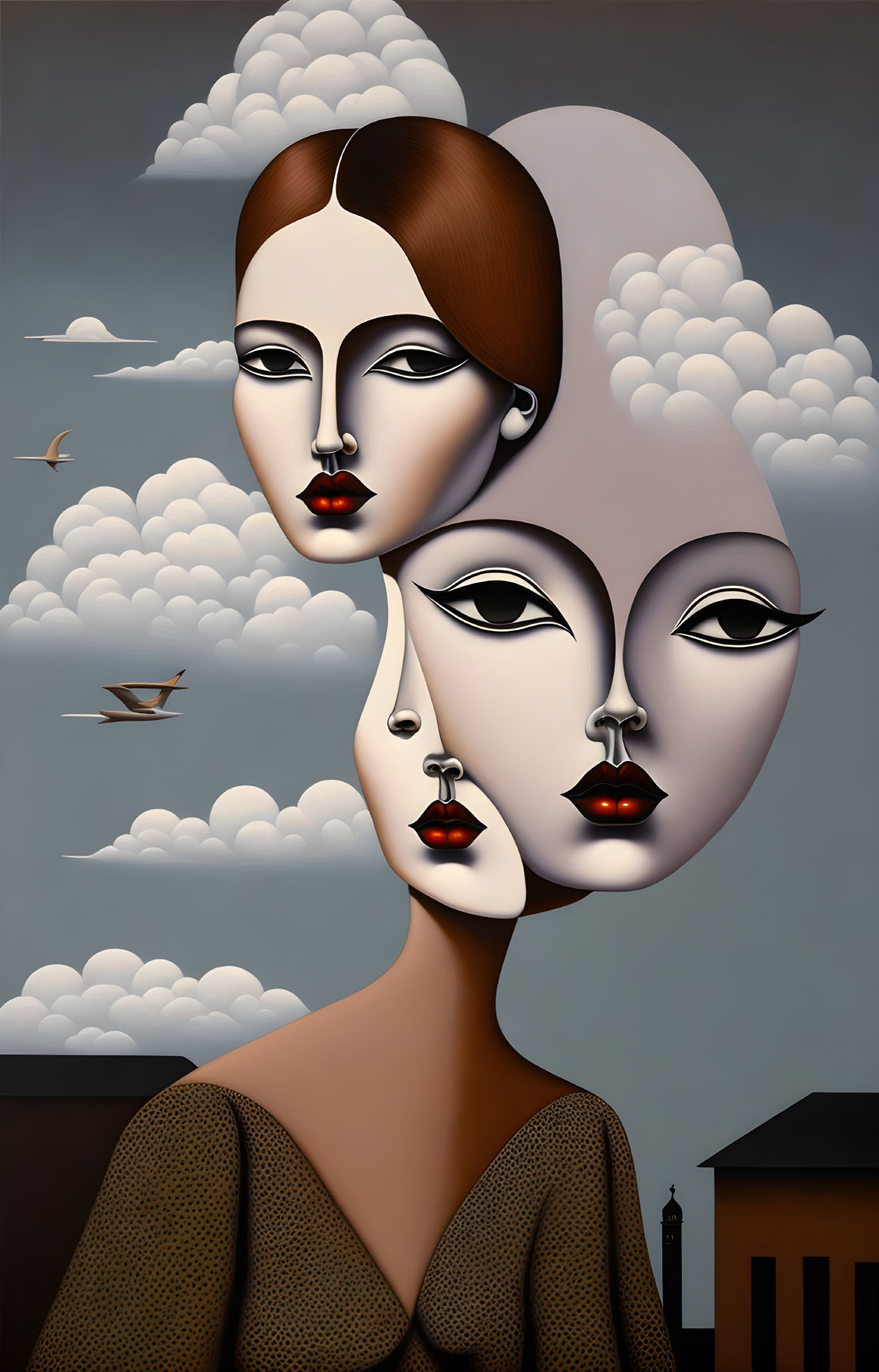 Dual-faced woman in surreal painting against cloudy sky