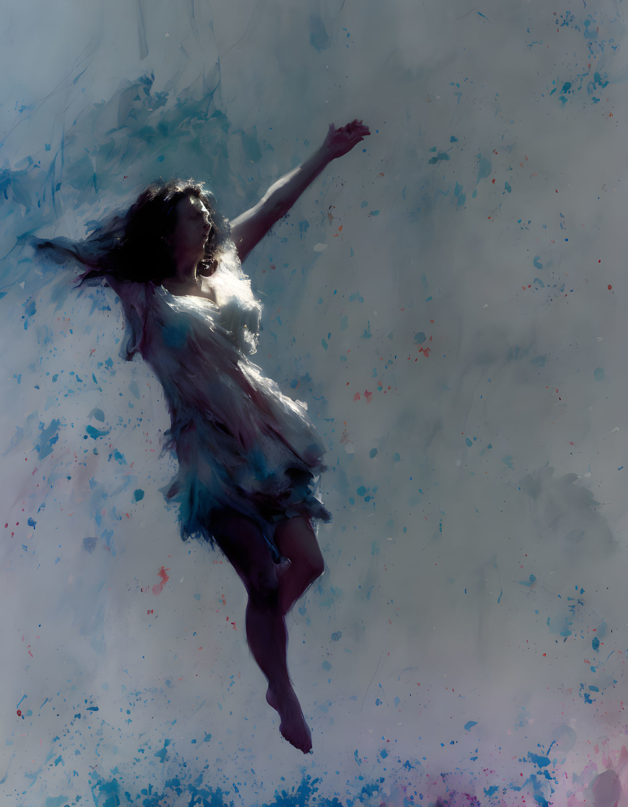 Woman floating with paint-like splatters against textured background