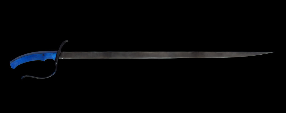 Swept Hilt Musketeer's Rapier with Blue Grip on Black Background