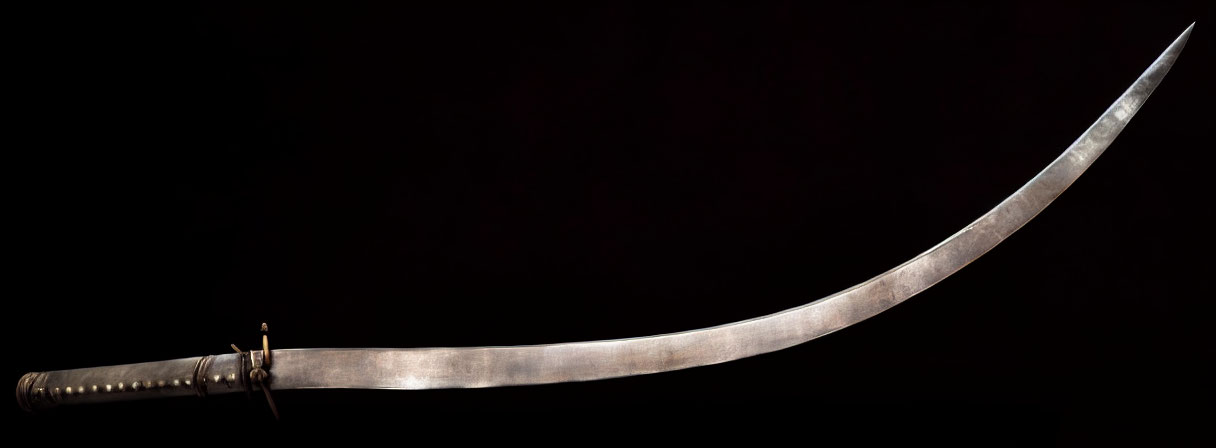 Curved sword with sharp edge and hilt on dark background