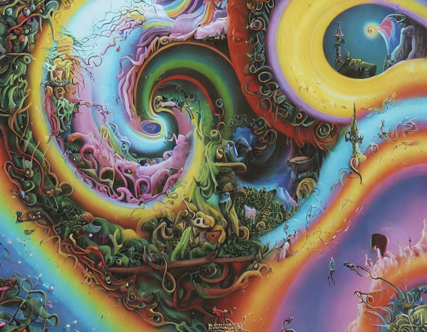 Colorful Psychedelic Illustration with Swirling Patterns & Surreal Landscapes