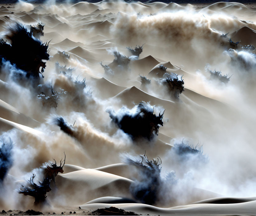 Dark, Wind-Swept Dunes with Dust Clouds and Shadows