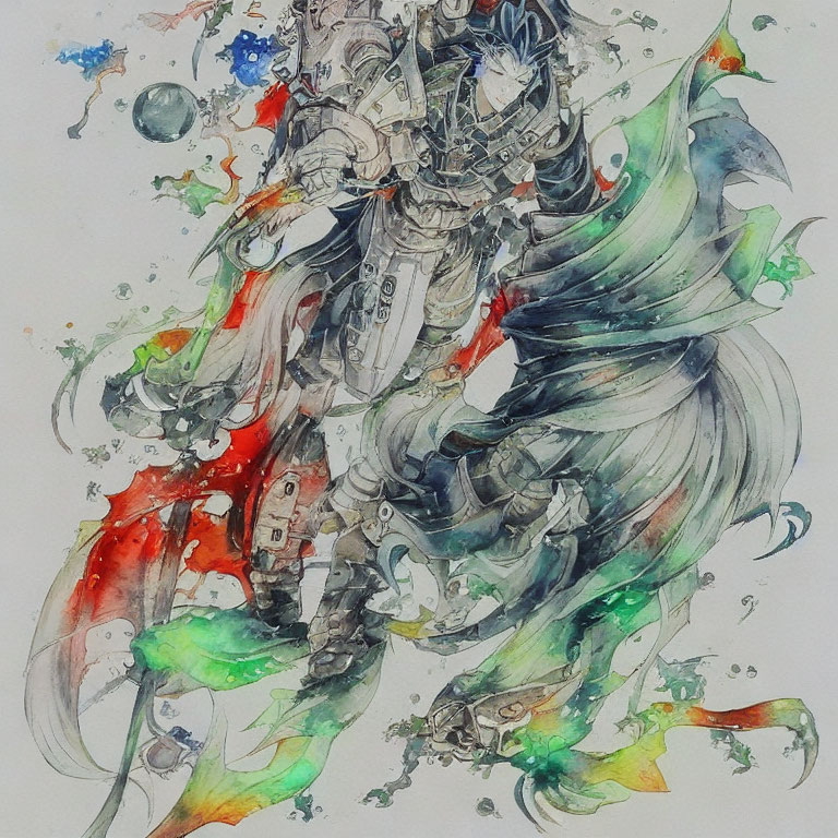 Knight Watercolor Illustration with Dynamic Cape & Elemental Magic Splashes