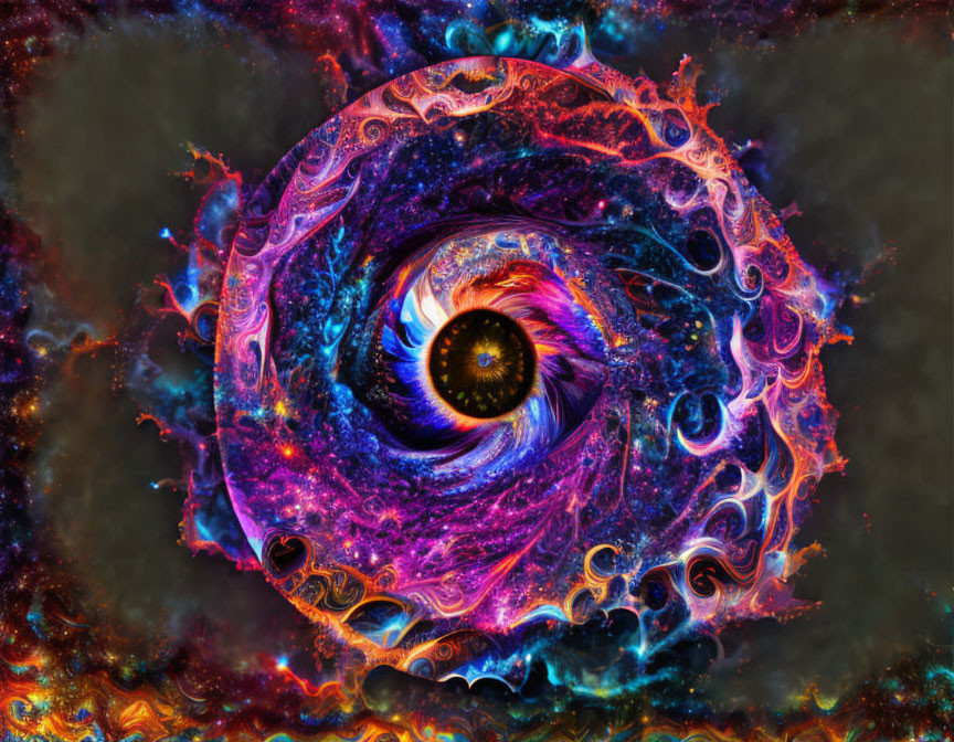 Colorful fractal image with swirling eye-like patterns in blue, purple, orange, and red