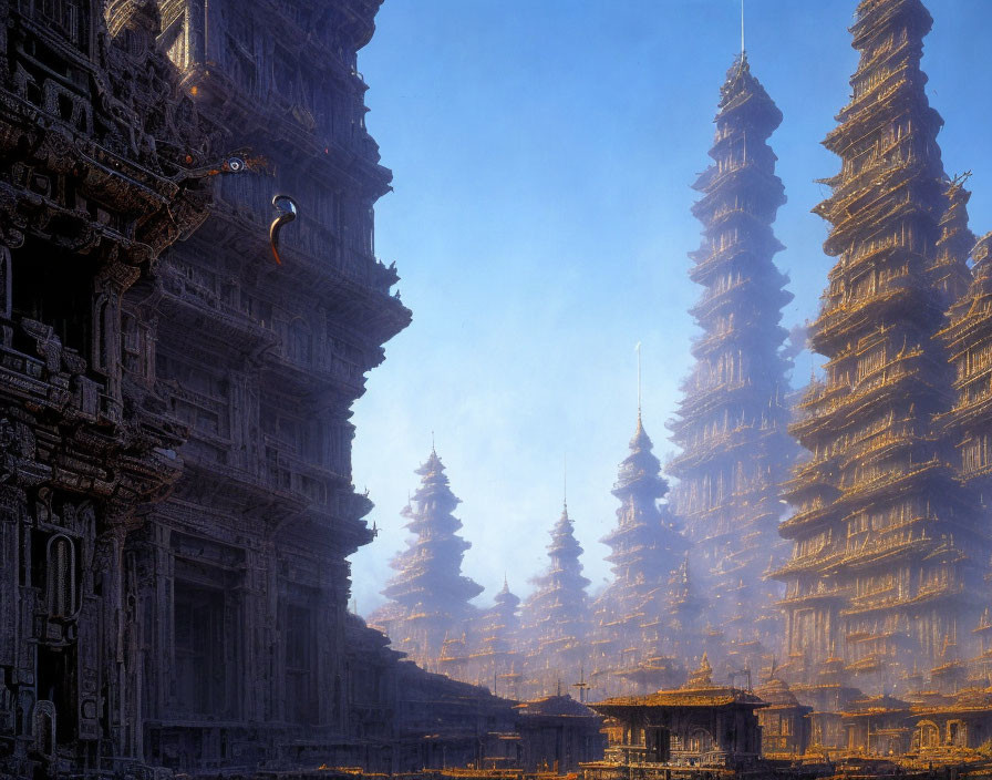 Fantastical cityscape with towering spires and temples in misty blue sky