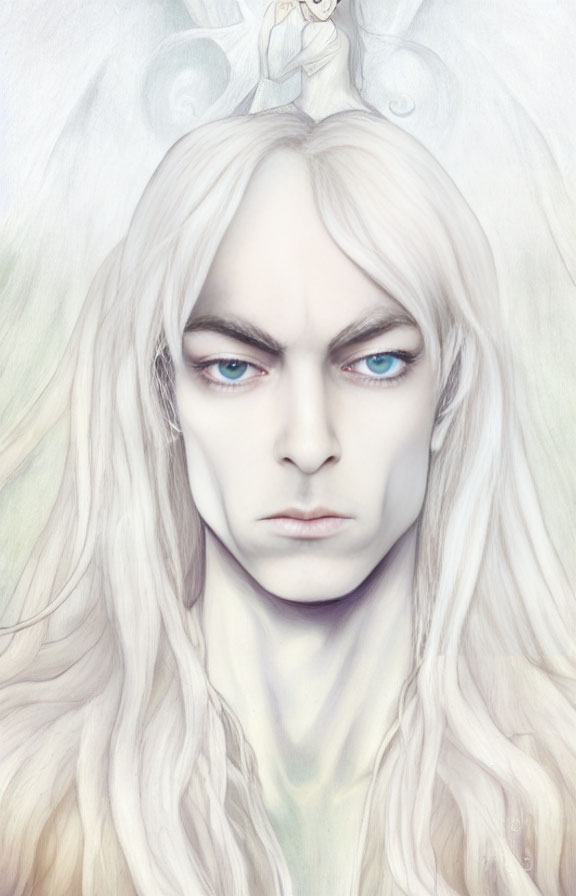 Fantasy character portrait with pale skin, blue eyes, and white hair