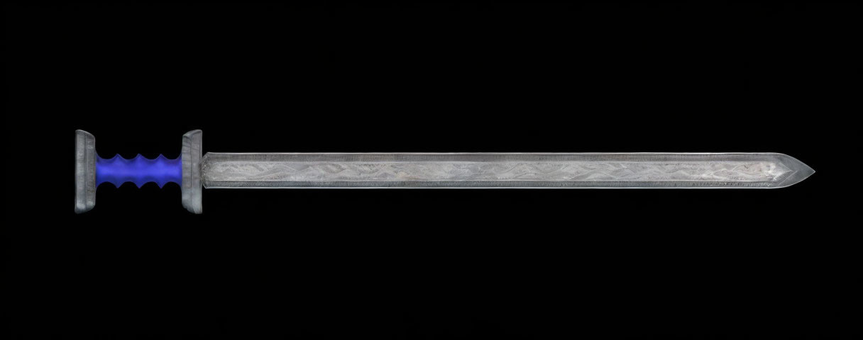 Intricately Patterned Sword with Blue Hilt on Black Background