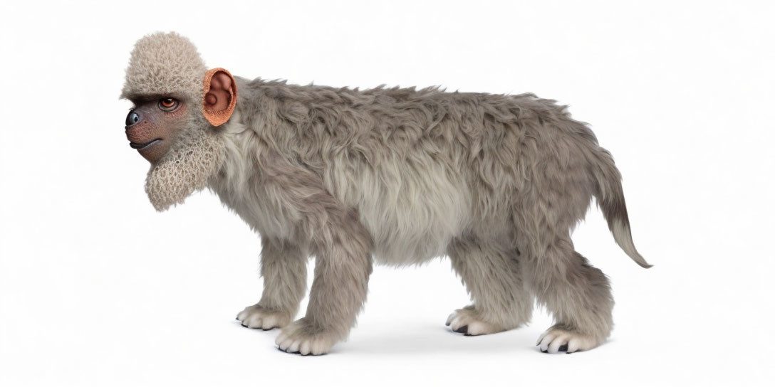 Digital illustration: Baboon-headed creature with dog body and human eyes on white background