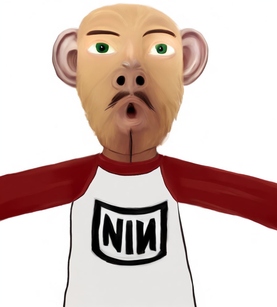 Humanoid Figure with Monkey-Like Face and Green Eyes in "NIN" Shirt