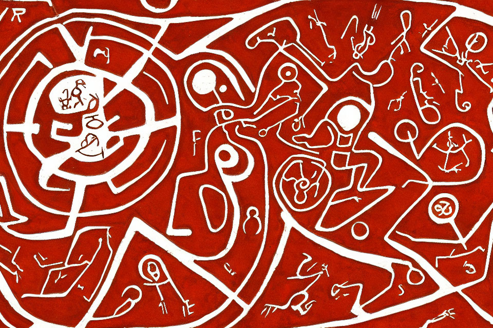 Red and White Abstract Maze Drawing with Human Figures and Symbols