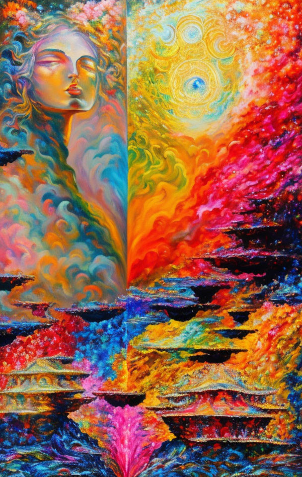 Abstract painting: Serene female face in vibrant colors & swirling patterns