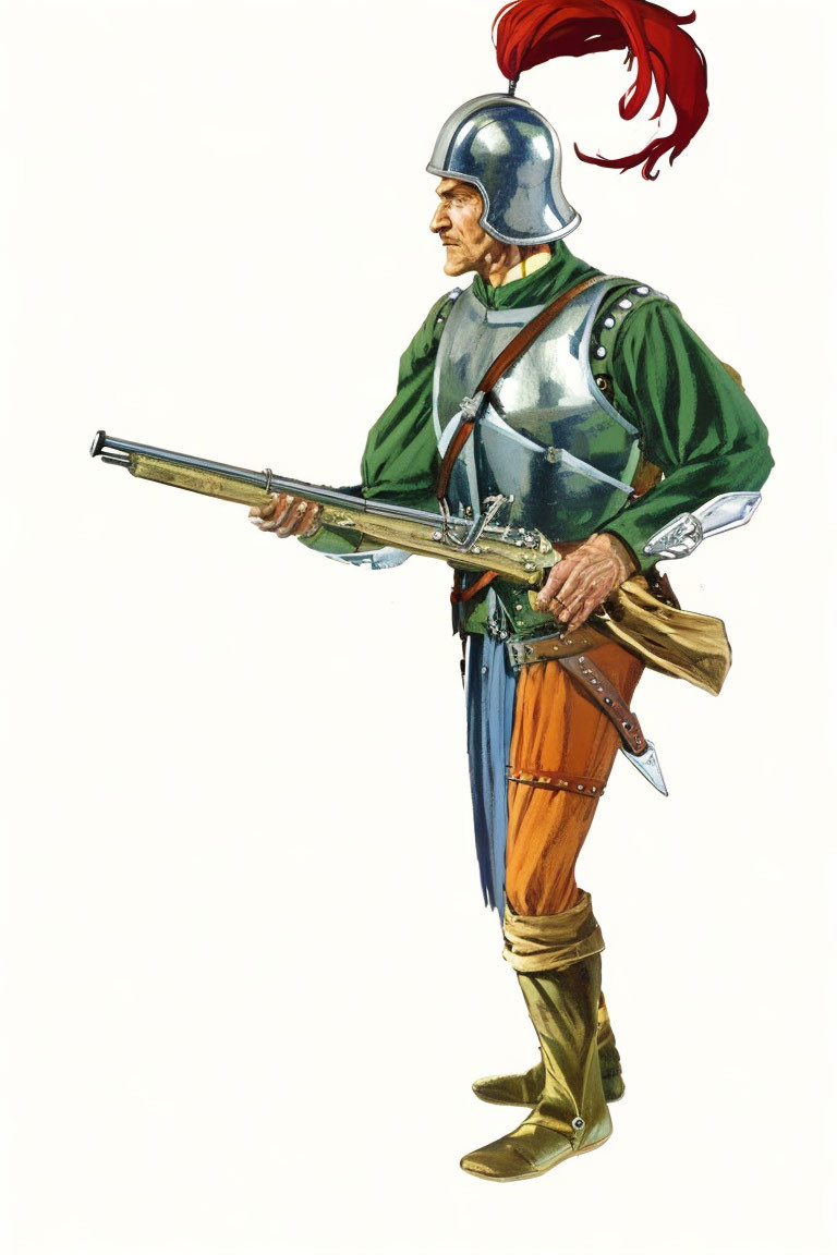 Medieval soldier in green doublet with orange hose and red feather helmet holding matchlock musket