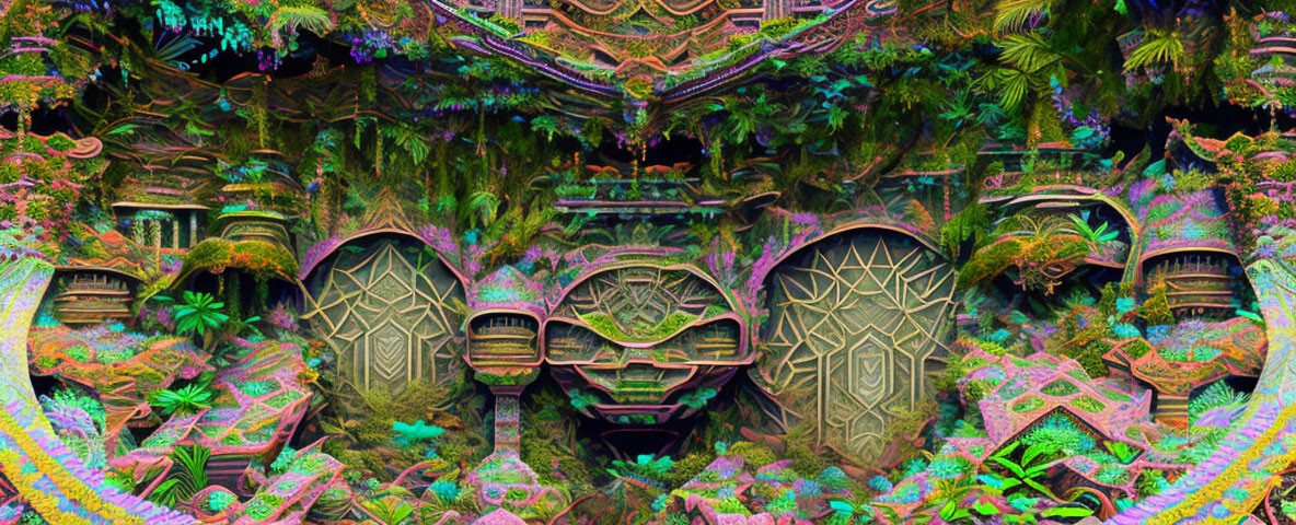 Symmetrical nature and architecture-themed digital art with vibrant colors.