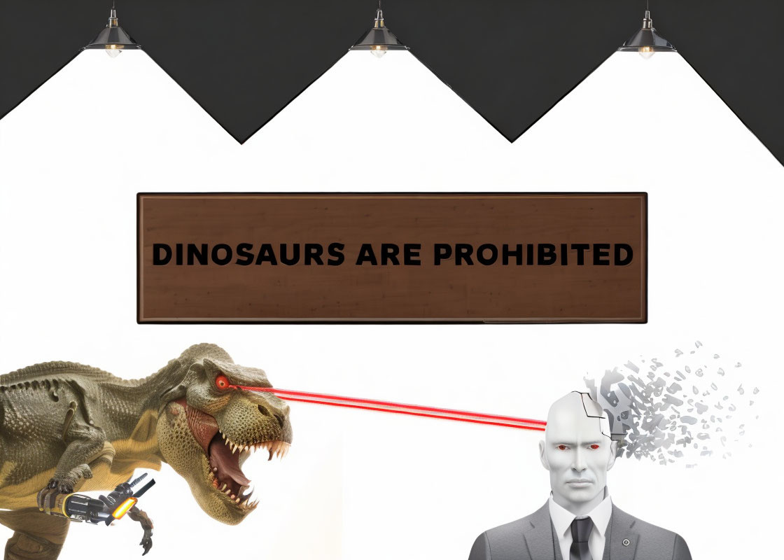 T-rex with laser gun vaporizing mannequin's head under prohibition sign