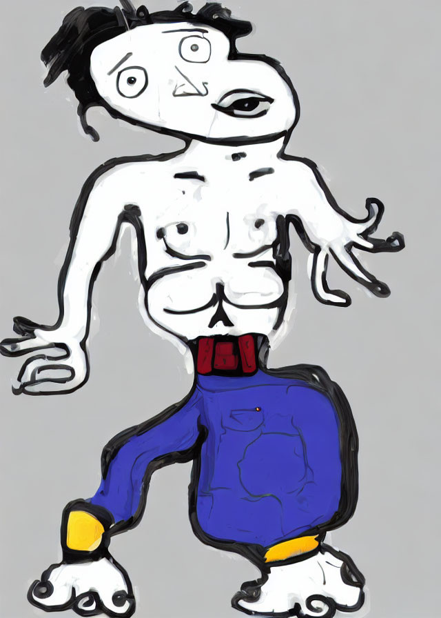 Abstract cartoonish drawing: one-eyed figure with wavy arms and blue pants