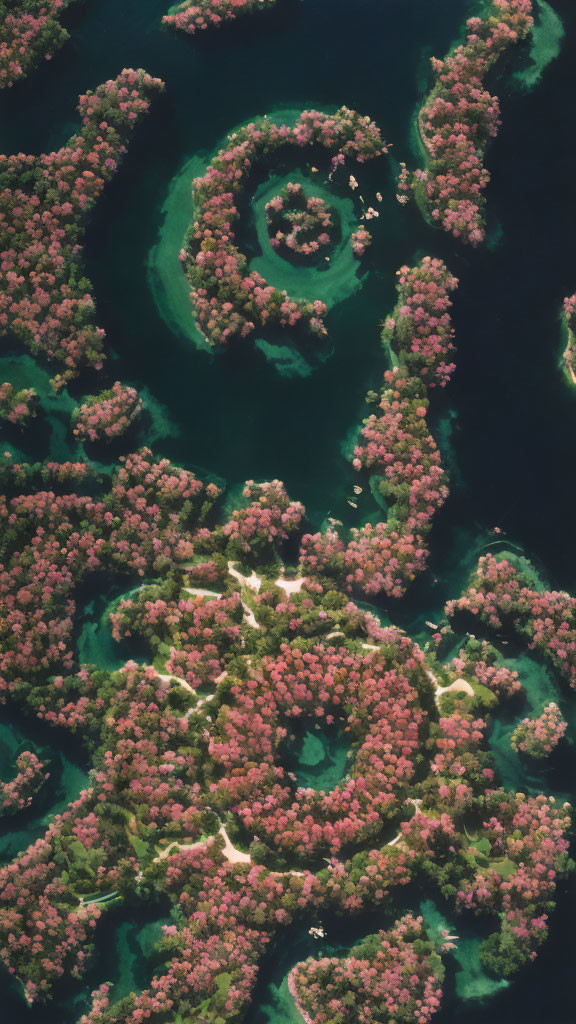 Lush Green Archipelago with Circular Formations in Turquoise Waters