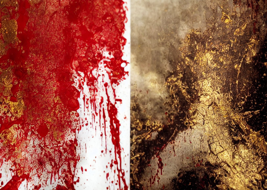 Textured image with red splatter and gold abstract design split in half