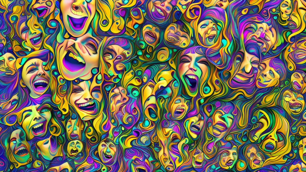 Colorful Psychedelic Artwork Featuring Surreal Faces and Swirling Patterns