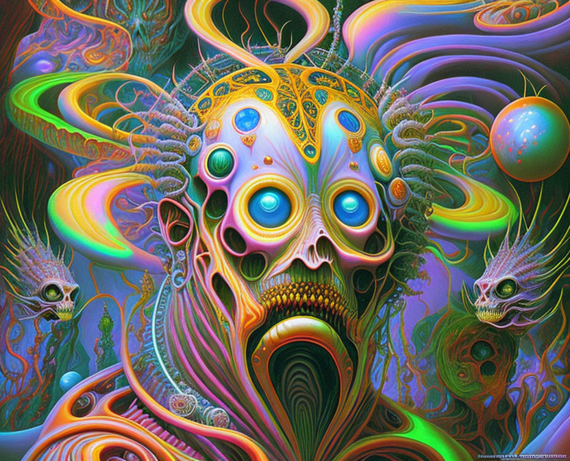 Colorful Psychedelic Artwork Featuring Alien-Like Face and Swirling Patterns