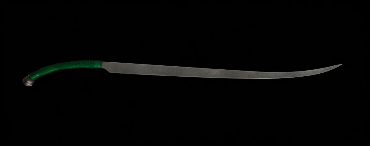 Curved single-edged sword with green-wrapped handle and textured blade on black background