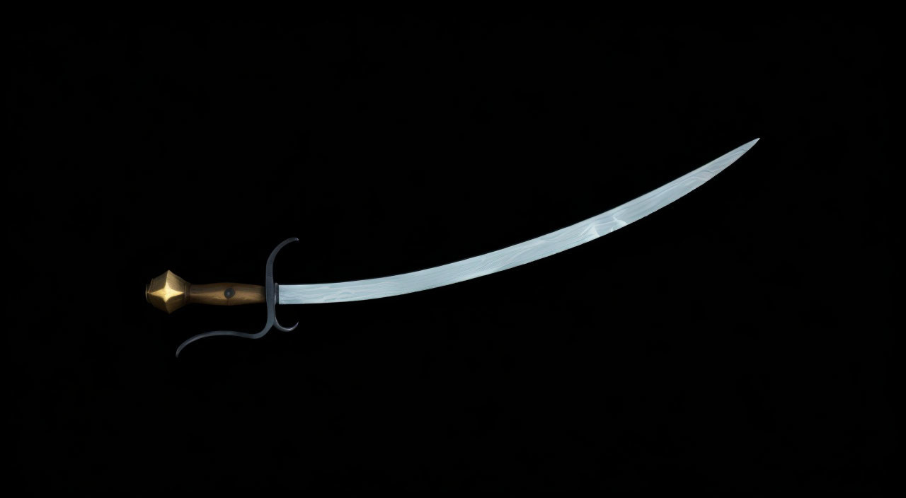 Golden-hilted curved sword on black background