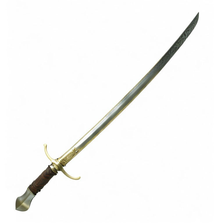 Patterned Blade Ornate Sword with Gold Accents and Brown Hilt on White Background