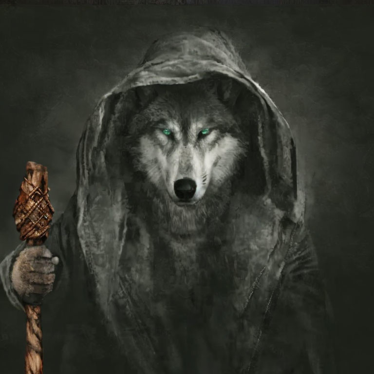 Wolf-headed humanoid figure in cloak with staff exuding mystical aura