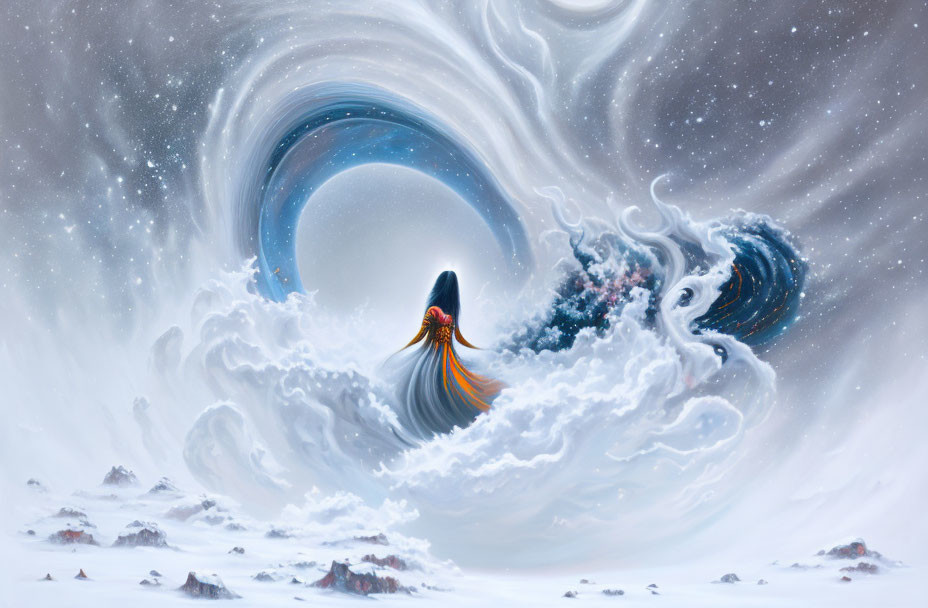 Woman's silhouette merges with celestial vortex in snowy landscape