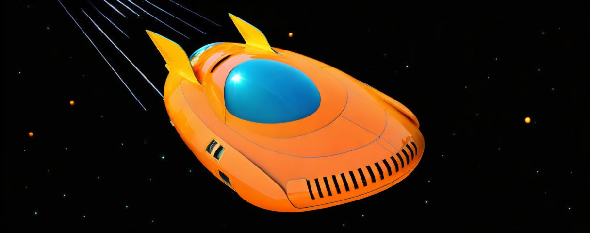 Animated orange and yellow spaceship flying through space with blue window.