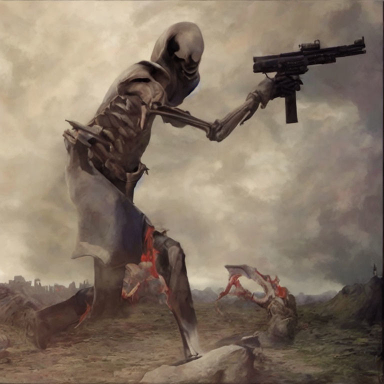 Elongated-limbed skeletal creature with assault rifle in desolate, eerie landscape