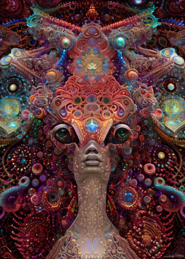 Intricate Fractal Face Artwork with Multiple Eyes