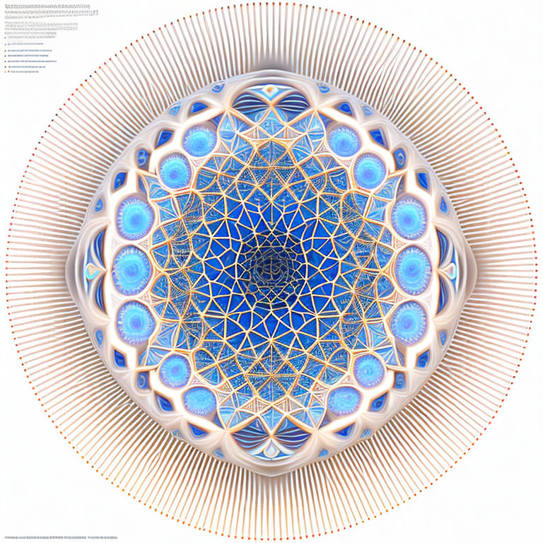 Symmetrical fractal pattern with circular layout and intricate mesh designs in vibrant blue and gold.