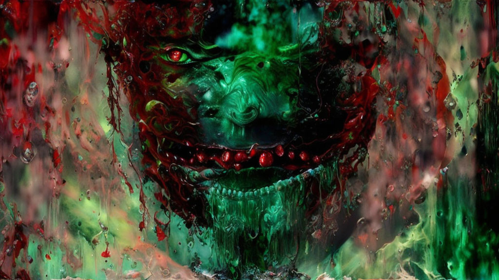 Illustration: Snarling creature with red eyes and green skin in a vivid, splattered scene