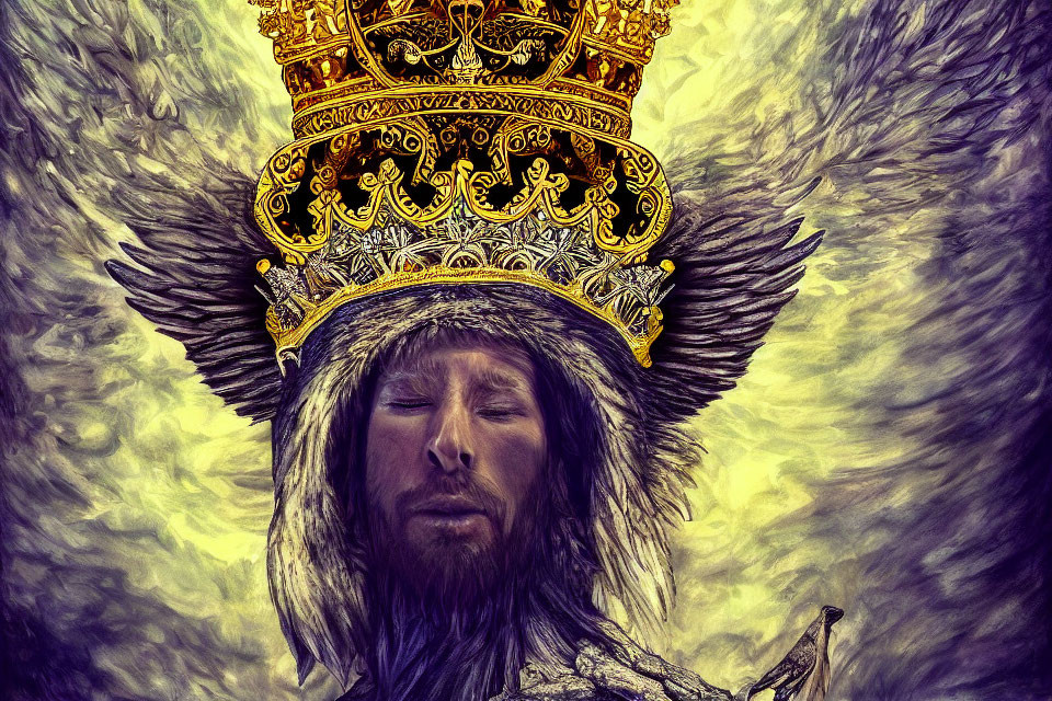 Surreal portrait of person with stoic expression, ornate crown, and wings on yellow background