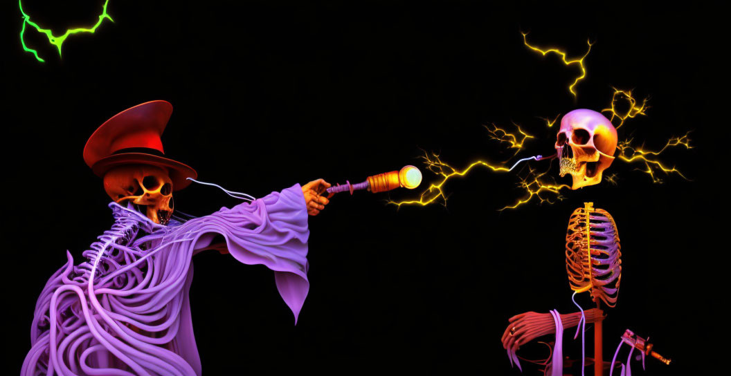 Colorful Attired Skeletal Figures in Magical Duel with Electric Bolts