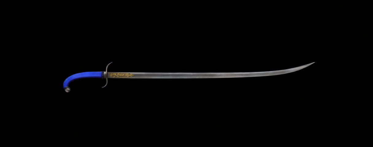 Blue-hilted curved sword with decorative blade on black background