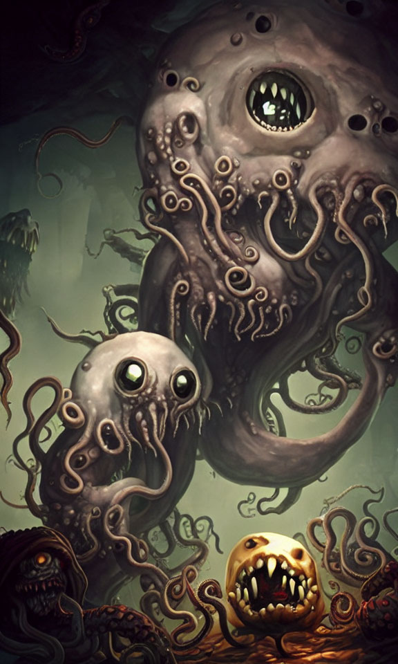 Fantasy Illustration of Tentacled Creatures with Multiple Eyes