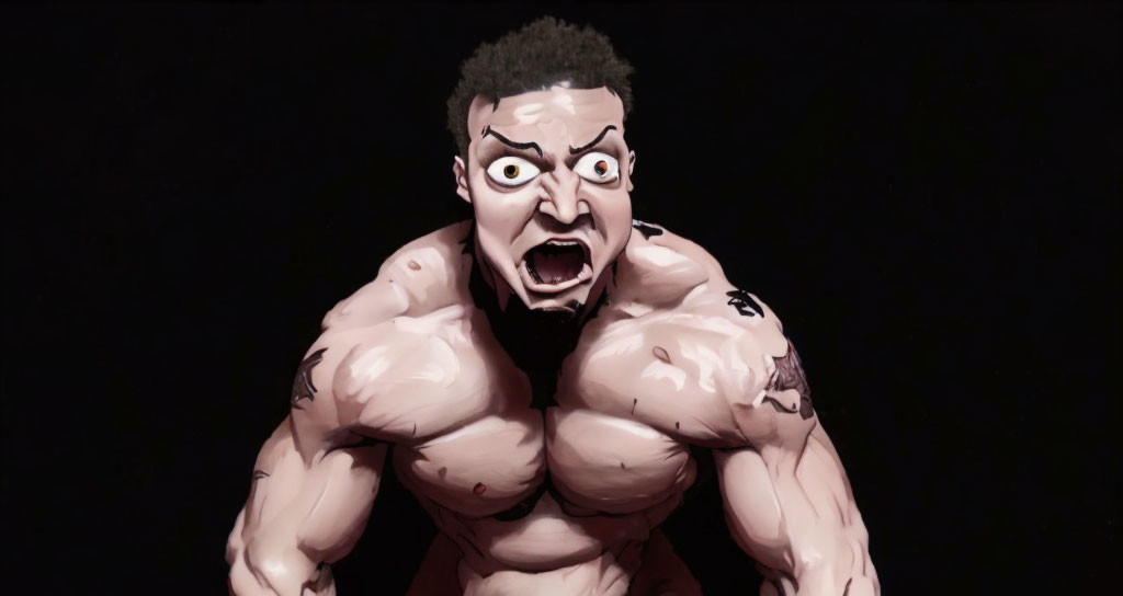 Muscular animated character with aggressive expression on black background