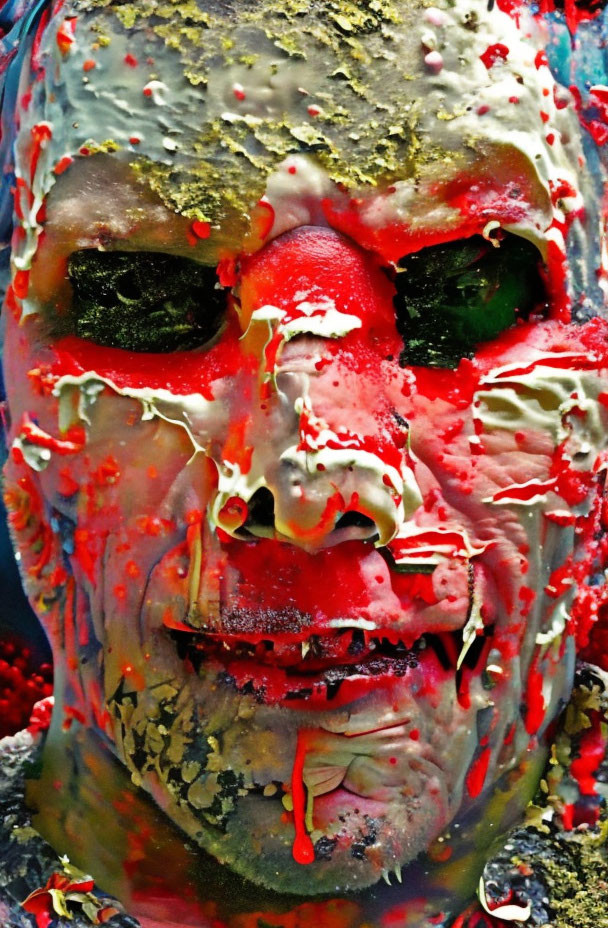 Close-up of horror-themed gory mask with red and white paint drips, distorted face, and