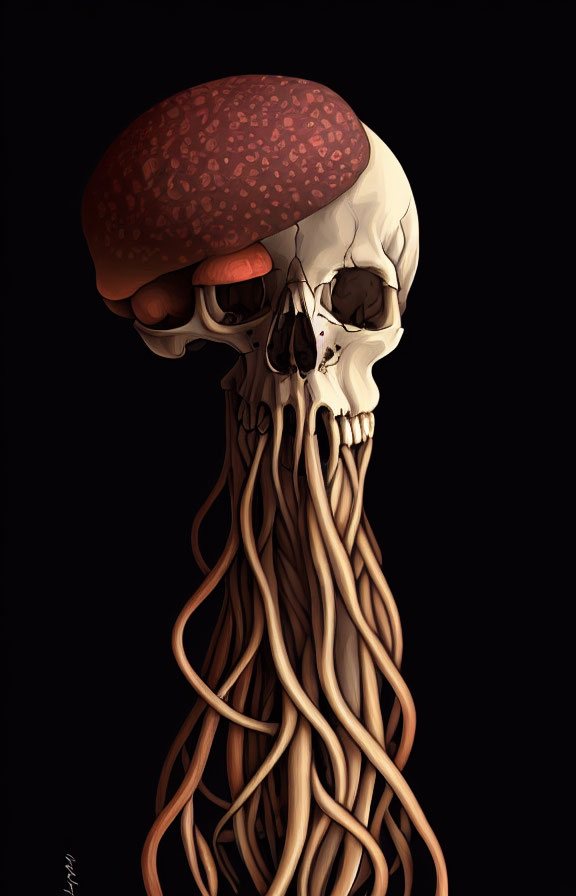 Surreal human skull with oversized brain and noodle-like tendrils on black background