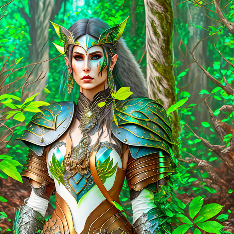 Elven warrior with intricate armor in vibrant forest