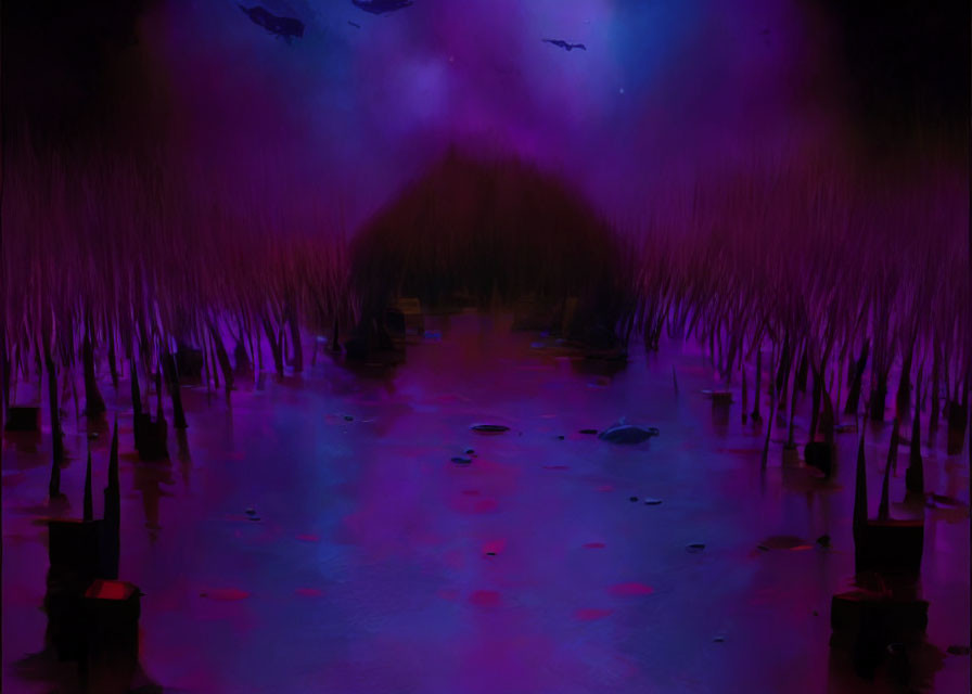 Purple Hued Surreal Landscape with Silhouetted Reeds and Reflective Water