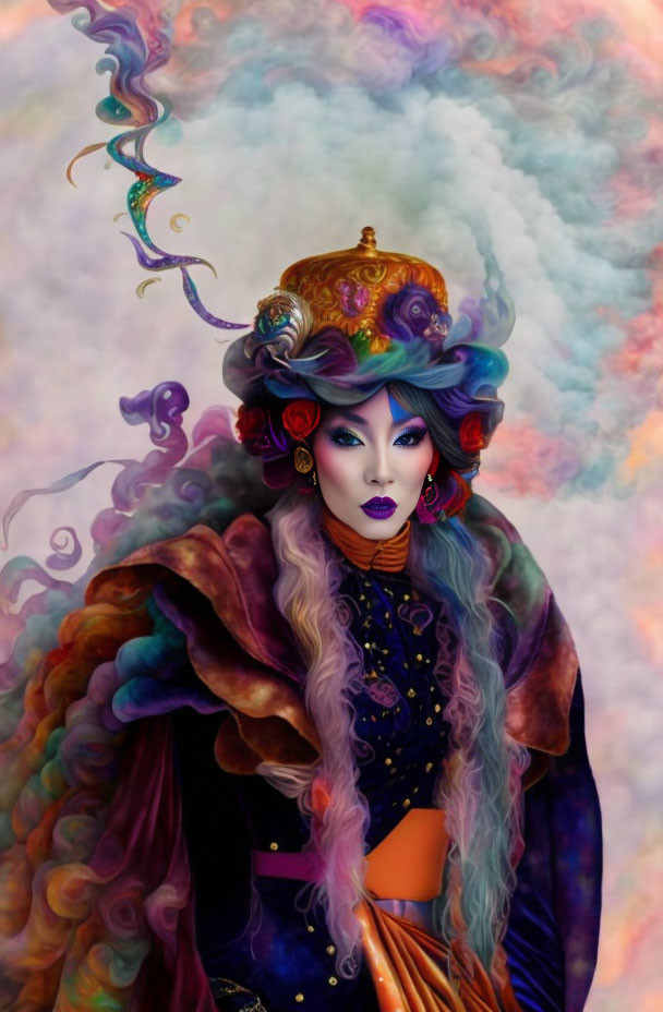 Colorful character with ornate headdress and mystical smoke.