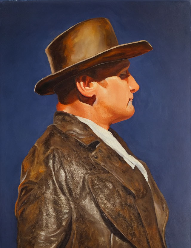 Man in Profile with Brown Hat and Coat on Blue Background